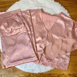 Victorias Secret 2 Piece Pink Satin Pajama  Vintage PJ Set Gold Label Sz Med